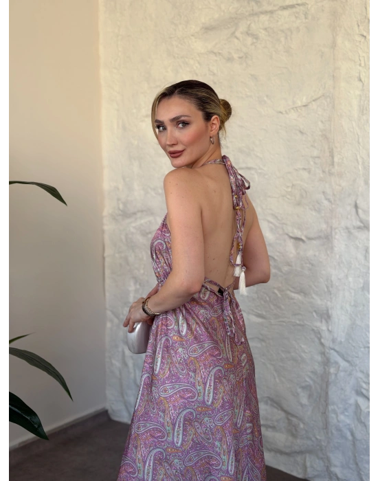 Sahara sırt dekolteli paisley maxi elbise pembe