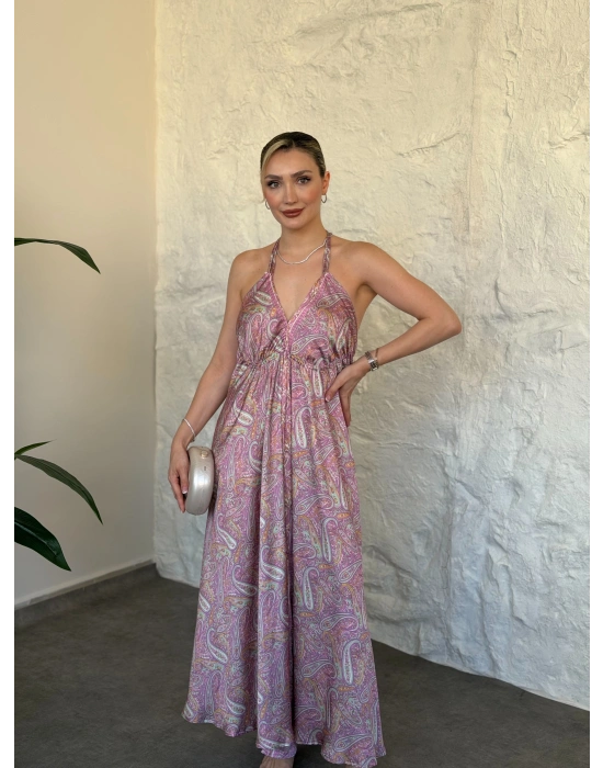 Sahara sırt dekolteli paisley maxi elbise pembe