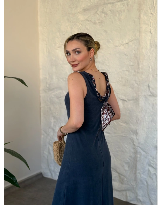 Şal desen bağlama detaylı maxi elbise indigo