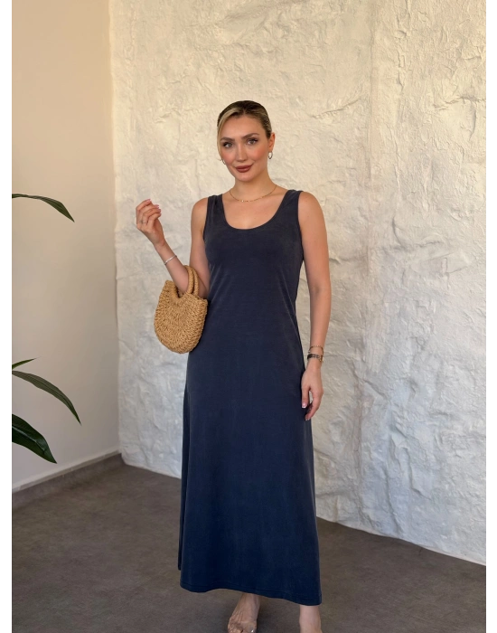Şal desen bağlama detaylı maxi elbise indigo