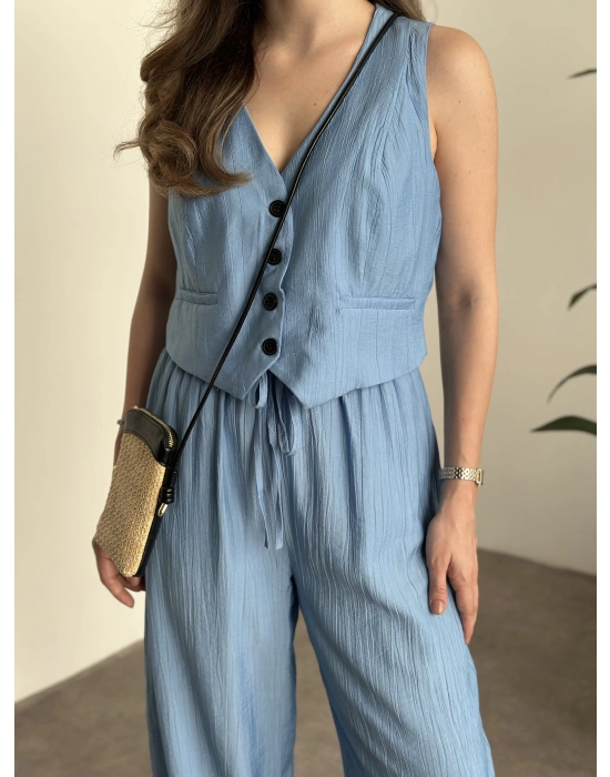 Şalvar kesim pantolon yelekli takım bebek mavisi