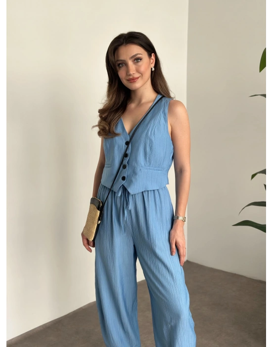 Şalvar kesim pantolon yelekli takım bebek mavisi