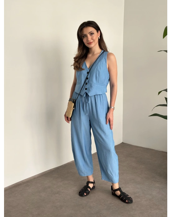 Şalvar kesim pantolon yelekli takım bebek mavisi