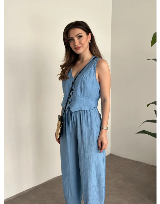 Şalvar kesim pantolon yelekli takım bebek mavisi