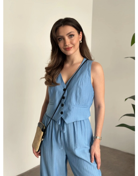 Şalvar kesim pantolon yelekli takım bebek mavisi