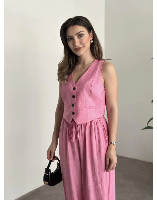 Şalvar kesim pantolon yelekli takım pembe