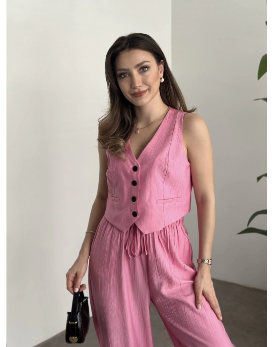 Şalvar kesim pantolon yelekli takım pembe