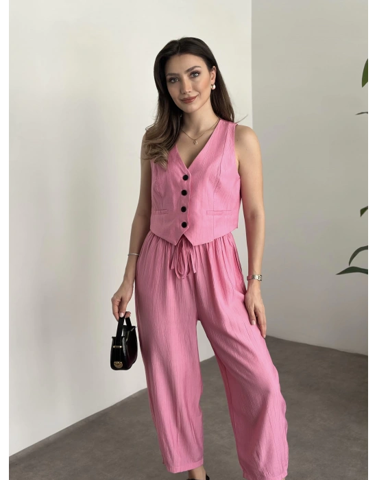 Şalvar kesim pantolon yelekli takım pembe
