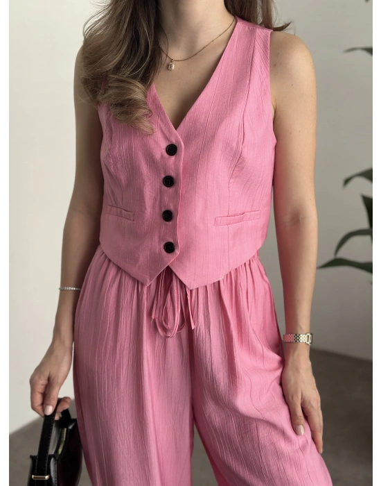 Şalvar kesim pantolon yelekli takım pembe