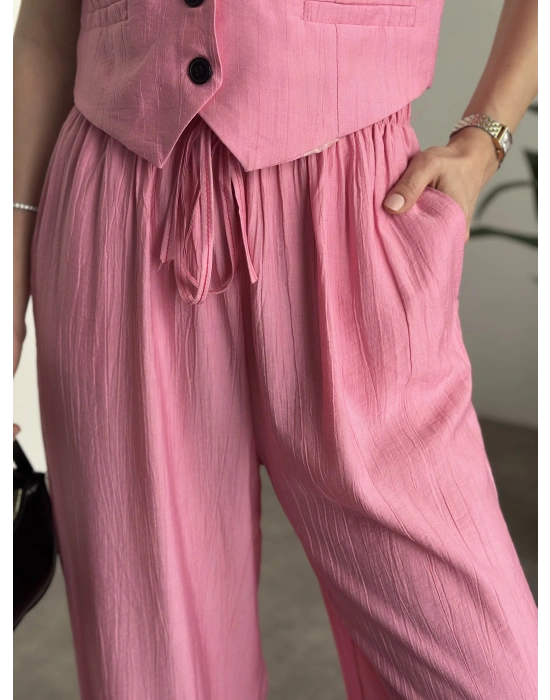 Şalvar kesim pantolon yelekli takım pembe