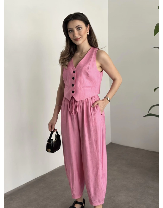 Şalvar kesim pantolon yelekli takım pembe