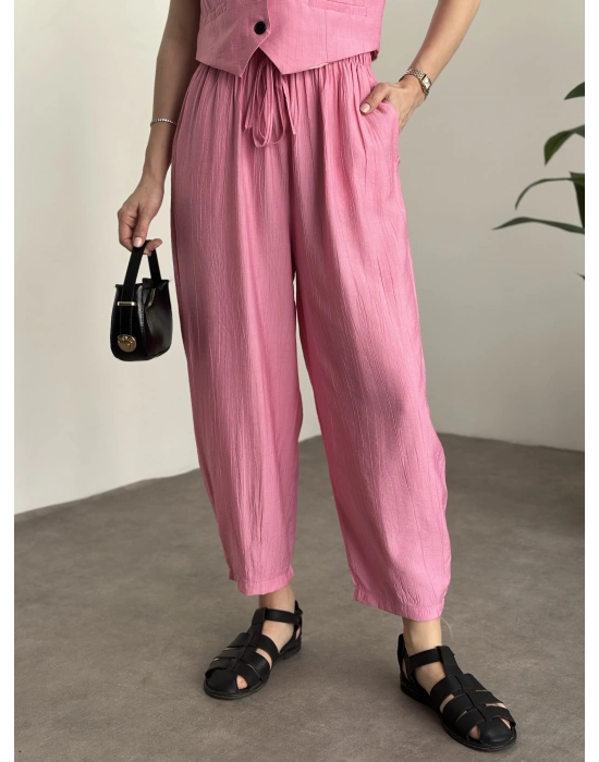 Şalvar kesim pantolon yelekli takım pembe