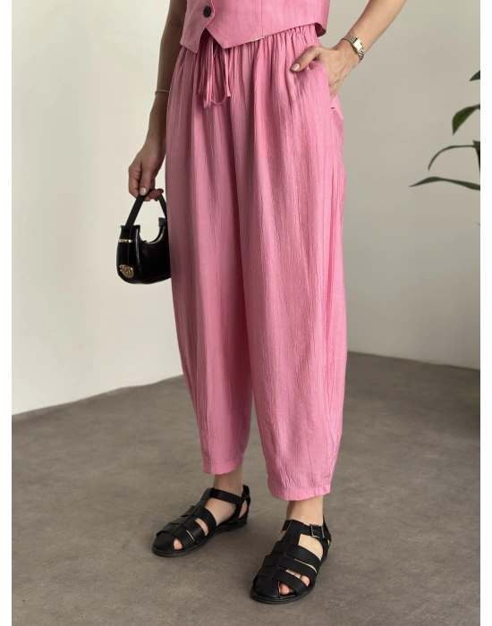 Şalvar kesim pantolon yelekli takım pembe