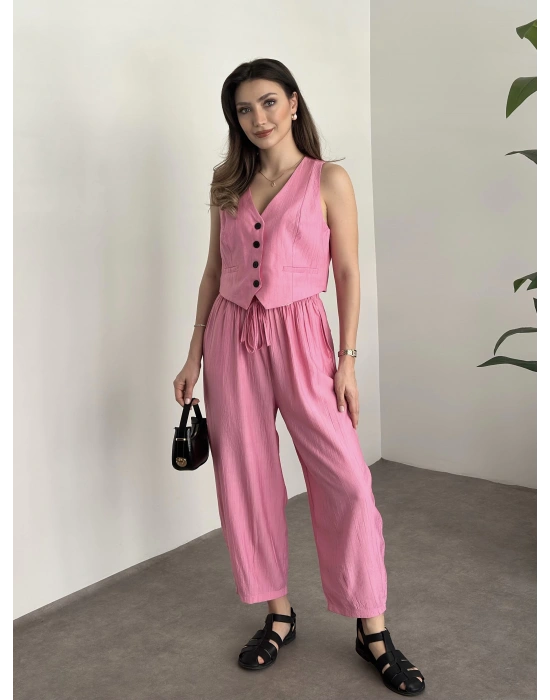 Şalvar kesim pantolon yelekli takım pembe
