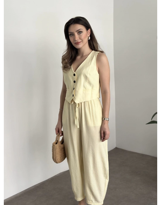 Şalvar kesim pantolon yelekli takım sarı