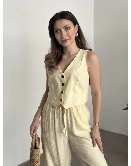 Şalvar kesim pantolon yelekli takım sarı