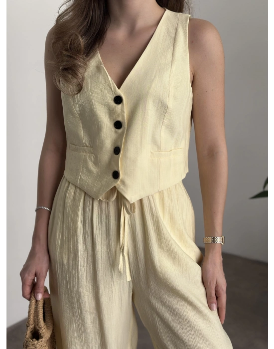 Şalvar kesim pantolon yelekli takım sarı