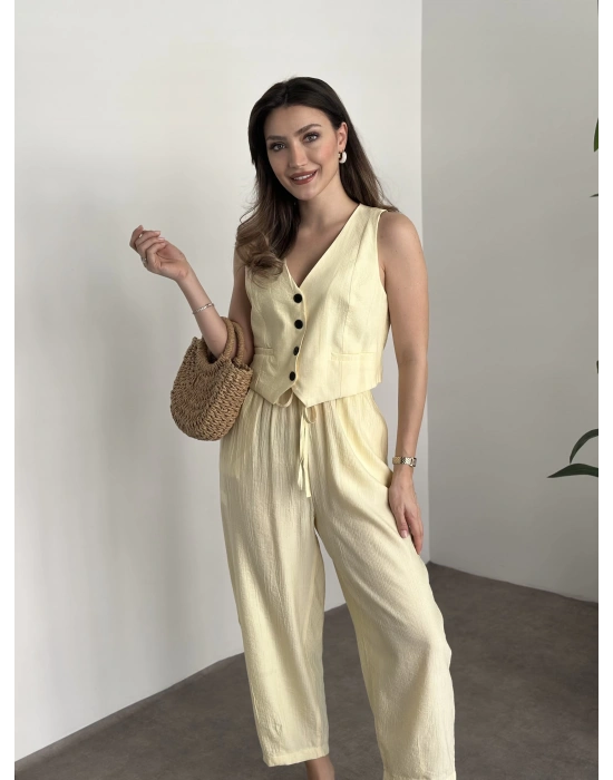 Şalvar kesim pantolon yelekli takım sarı