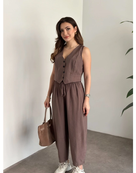 Şalvar kesim pantolon yelekli takım vizon