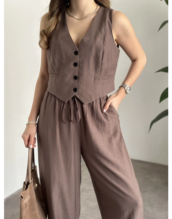 Şalvar kesim pantolon yelekli takım vizon