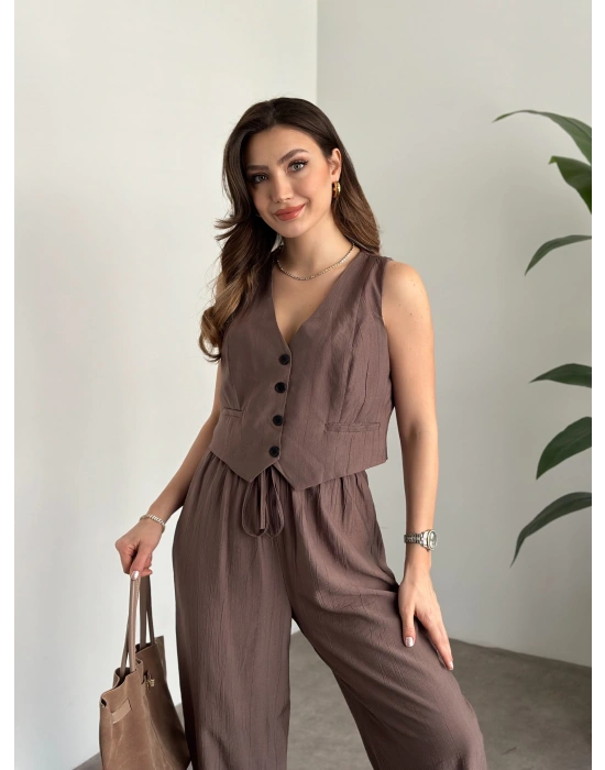 Şalvar kesim pantolon yelekli takım vizon