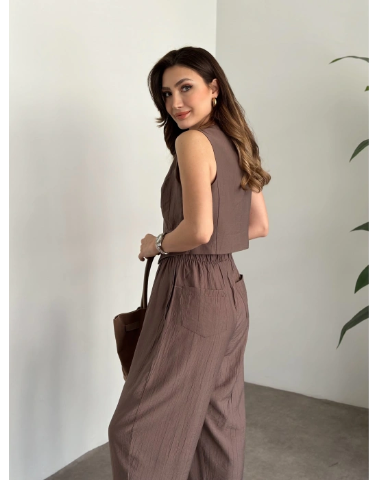 Şalvar kesim pantolon yelekli takım vizon