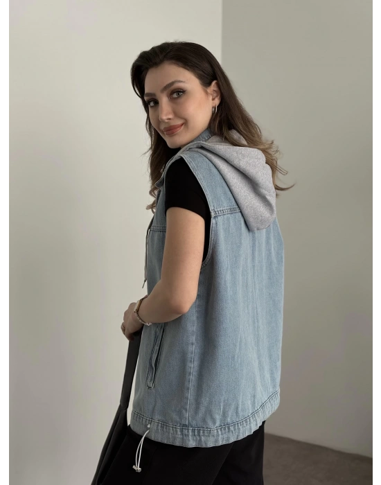Şapkası çıkarılabilir denim yelek açık