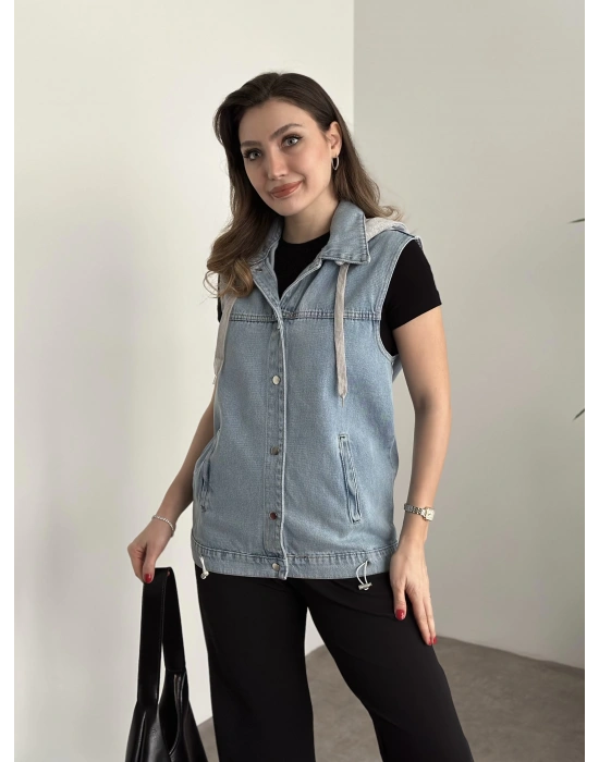 Şapkası çıkarılabilir denim yelek açık
