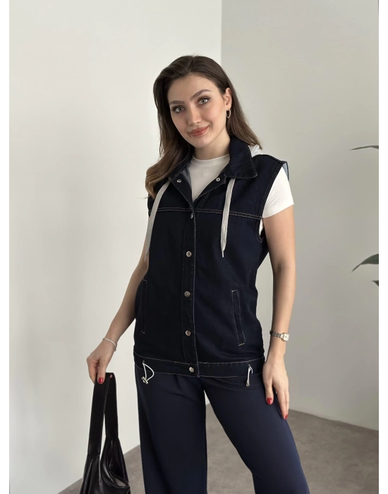 Şapkası çıkarılabilir denim yelek koyu