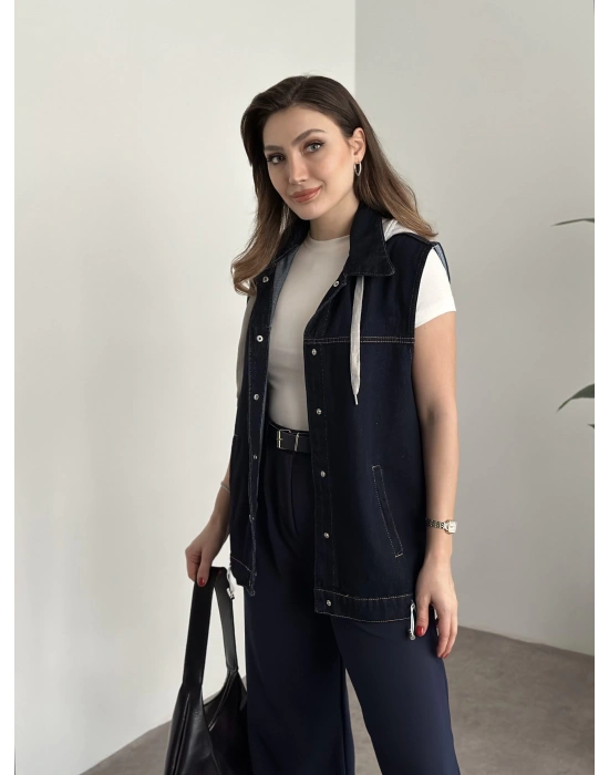 Şapkası çıkarılabilir denim yelek koyu