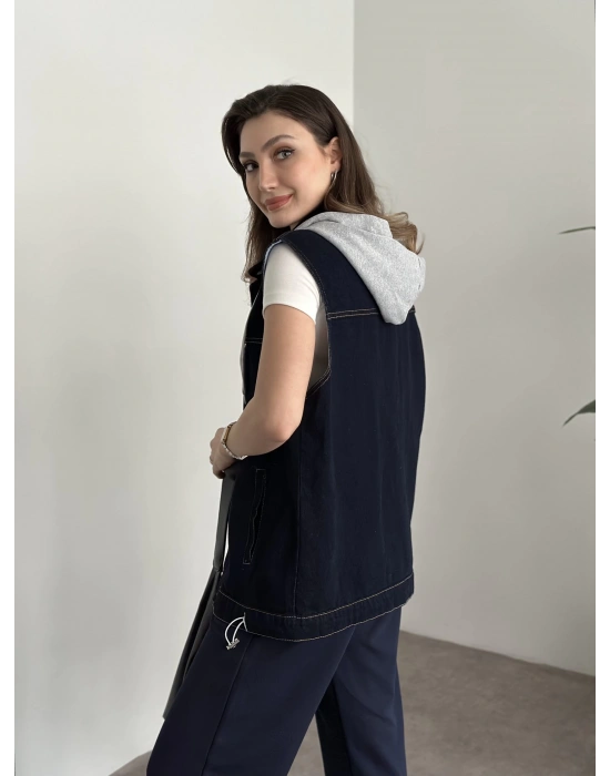 Şapkası çıkarılabilir denim yelek koyu