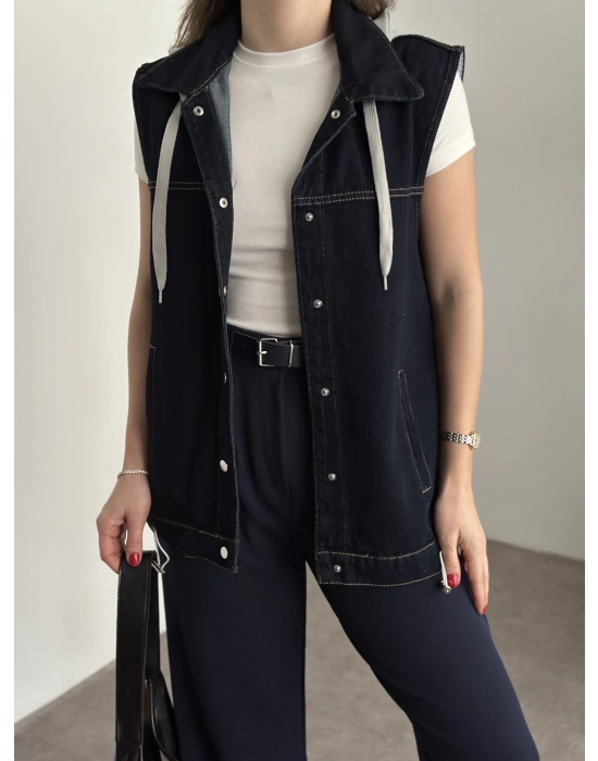 Şapkası çıkarılabilir denim yelek koyu
