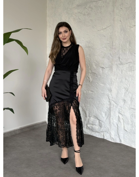 Saten dantel garnili uzun etek siyah
