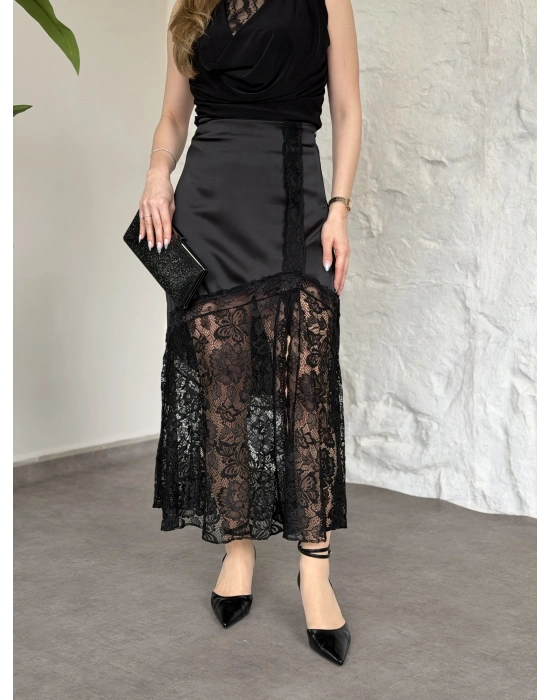 Saten dantel garnili uzun etek siyah