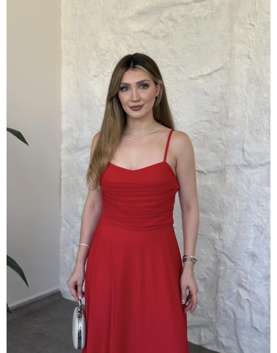 Scarlet drapeli uzun elbise kırmızı