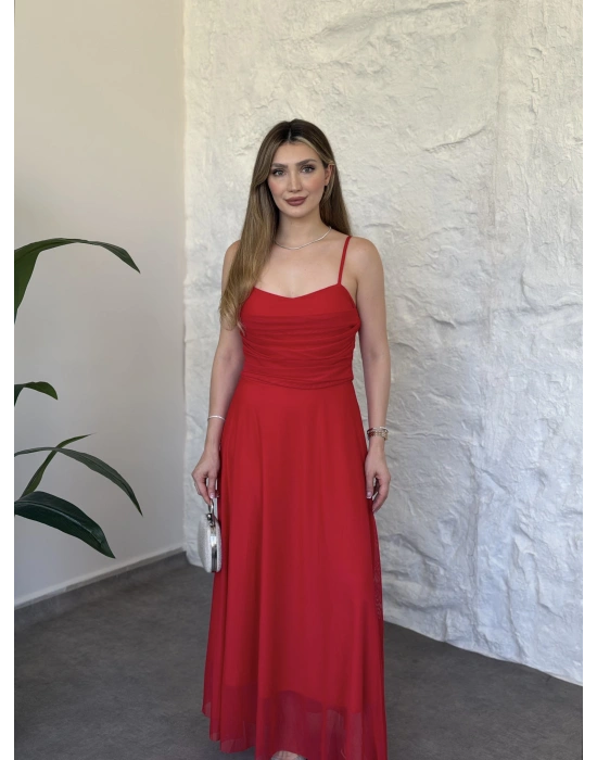 Scarlet drapeli uzun elbise kırmızı