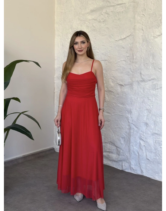 Scarlet drapeli uzun elbise kırmızı