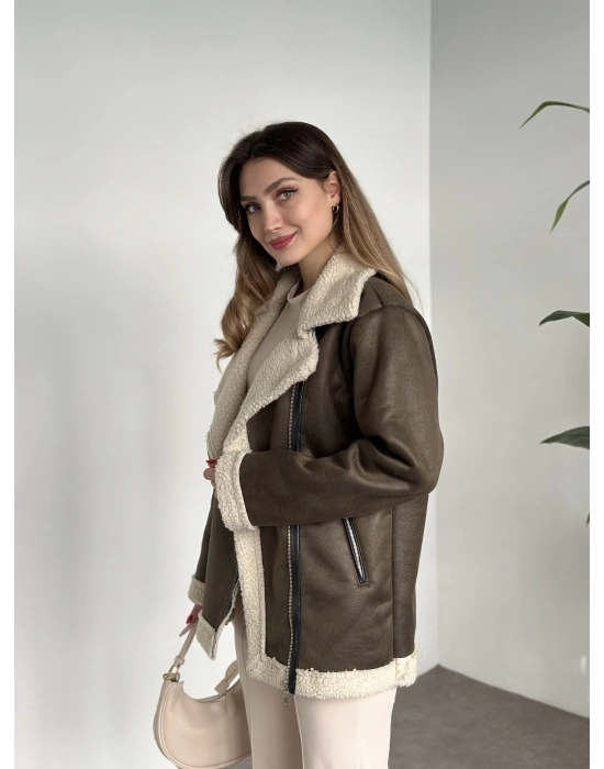 Scuba süet içi peluşlu deri biyeli biker mont yeşil