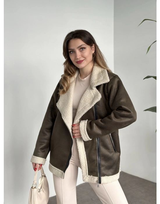 Scuba süet içi peluşlu deri biyeli biker mont yeşil