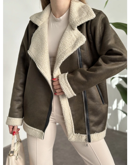 Scuba süet içi peluşlu deri biyeli biker mont yeşil