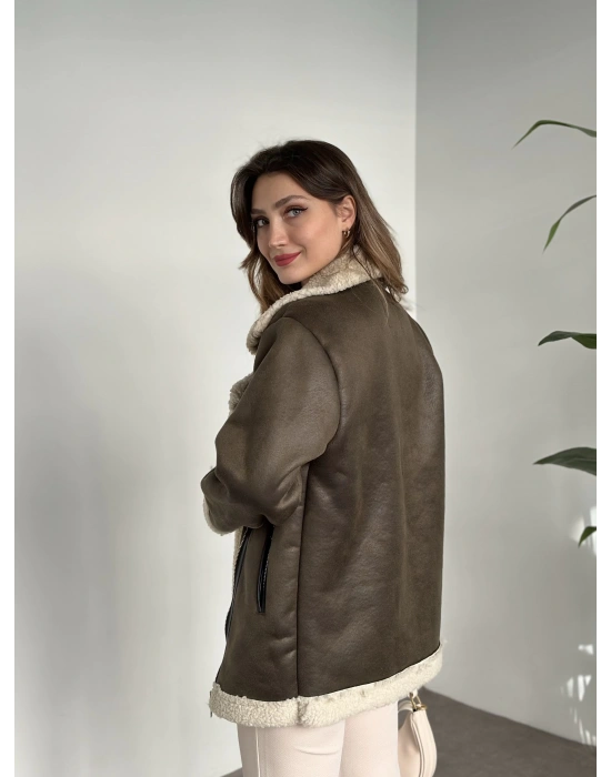 Scuba süet içi peluşlu deri biyeli biker mont yeşil