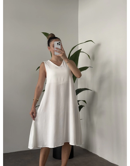 Sıfır Kol Ayrobin Elbise Beyaz