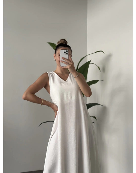 Sıfır Kol Ayrobin Elbise Beyaz