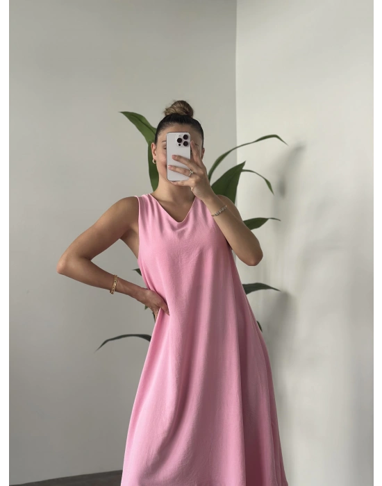 Sıfır Kol Ayrobin Elbise Pembe