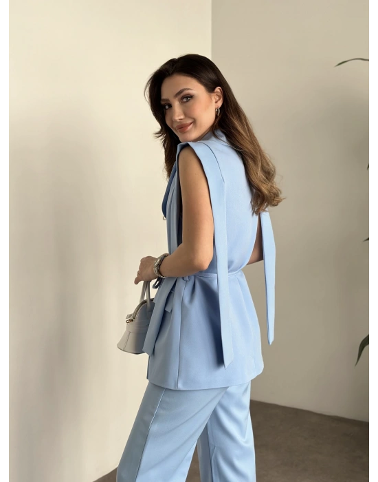 Sıfır kol belden bağlamalı kumaş takım bebek mavisi