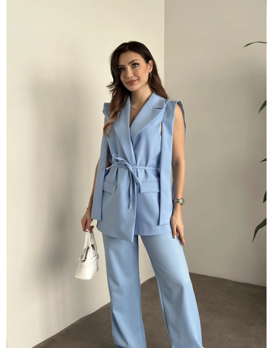 Sıfır kol belden bağlamalı kumaş takım bebek mavisi