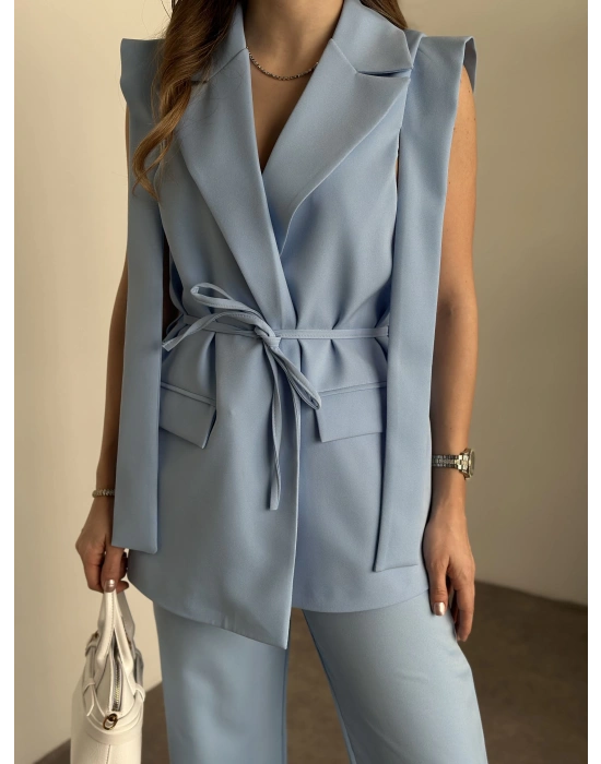 Sıfır kol belden bağlamalı kumaş takım bebek mavisi