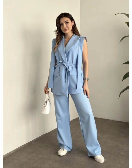 Sıfır kol belden bağlamalı kumaş takım bebek mavisi