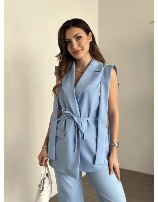 Sıfır kol belden bağlamalı kumaş takım bebek mavisi