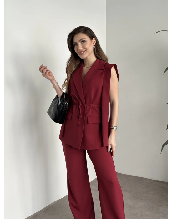Sıfır kol belden bağlamalı kumaş takım bordo